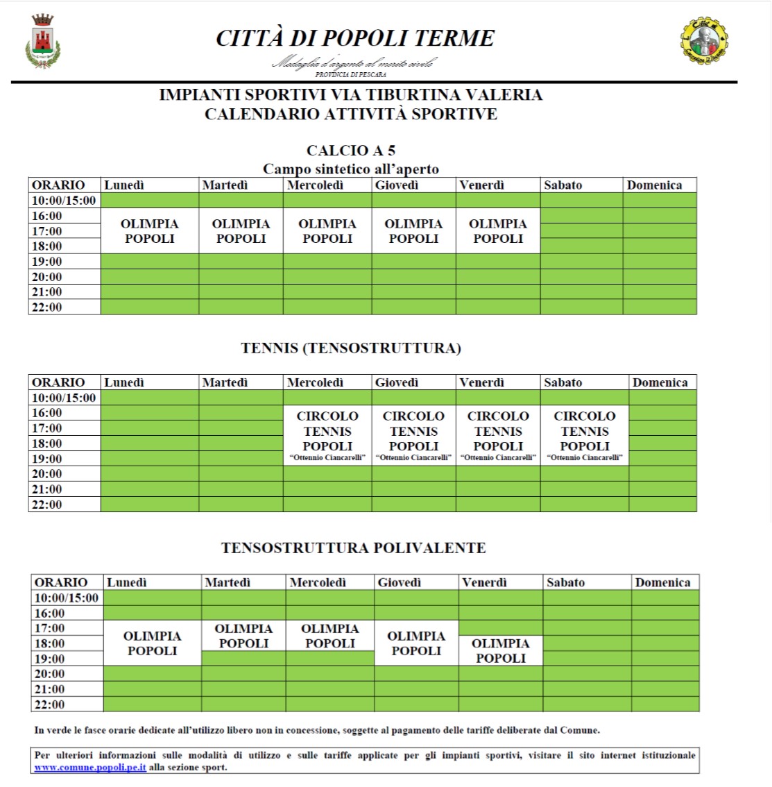 Calendario Tennis + Calcio a 5 + Polivalente