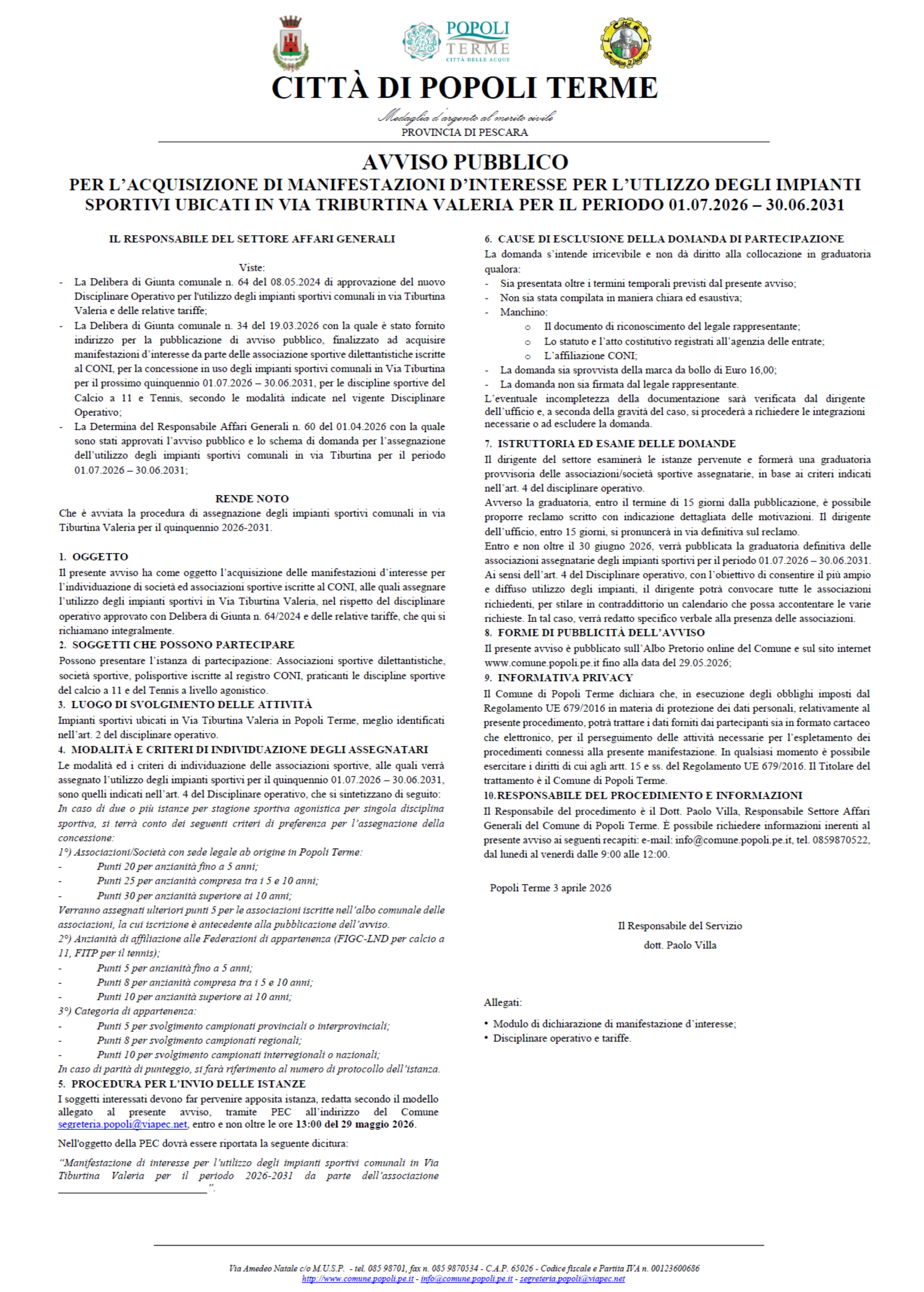 AVVISO PER UTILIZZO IMPIANTI SPORTIVI COMUNALI VIA TIBURTINA
